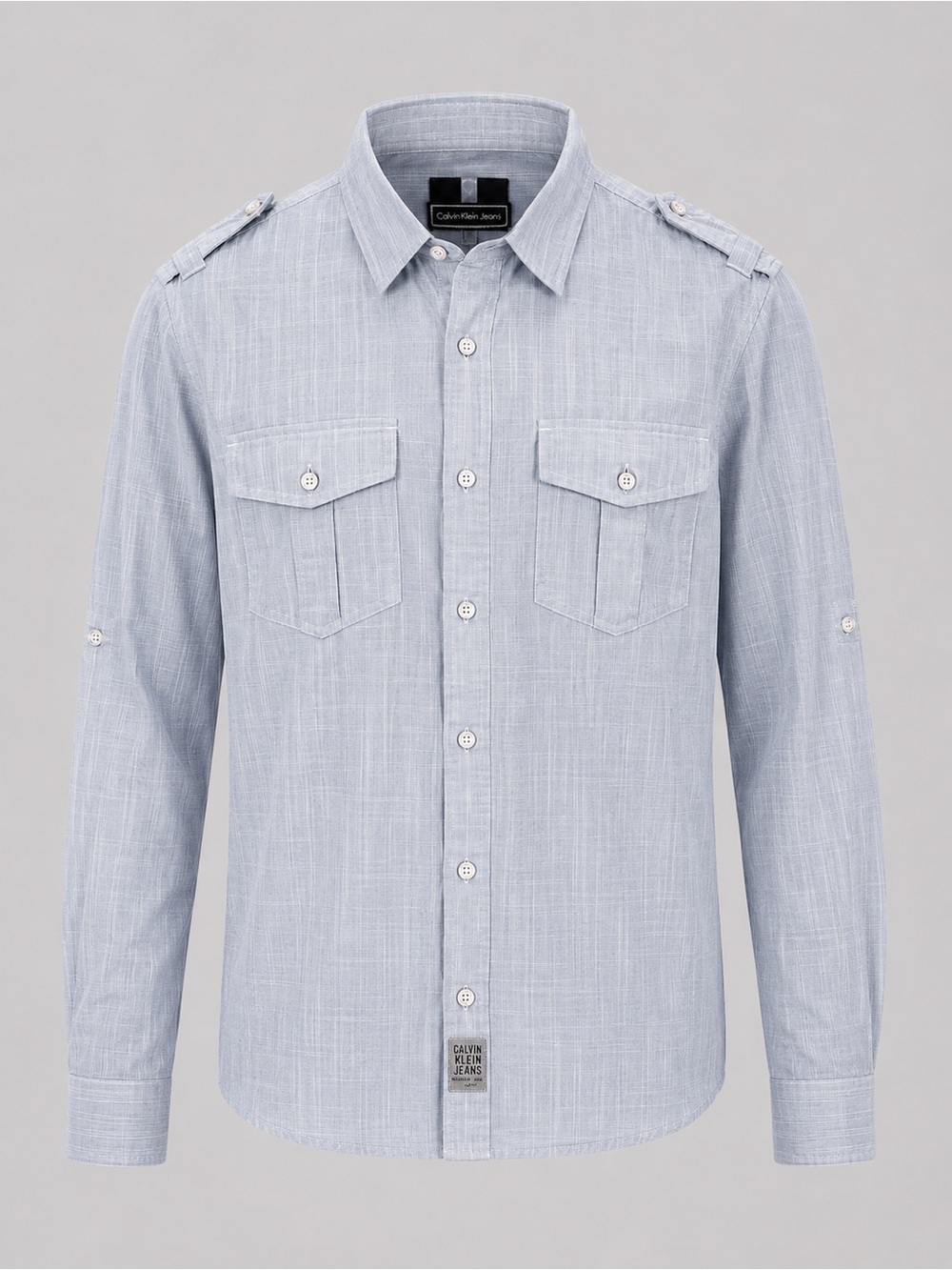 Calvin Klein Jeans Men's Grey Grid Military Button Down Shirt | Size L
